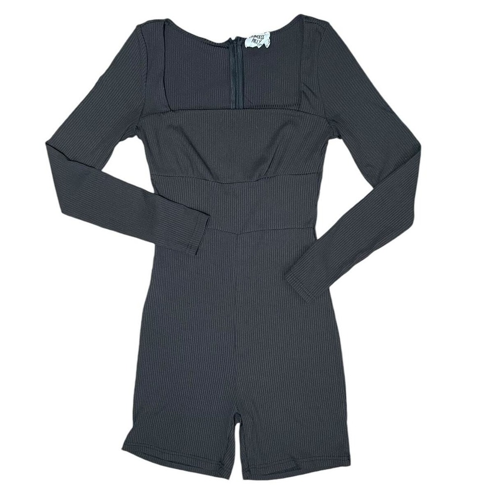 Princess Polly Black Ribbed Square Neck Long Sleeve Romper Shorts Women Size 6 - Picture 2 of 8